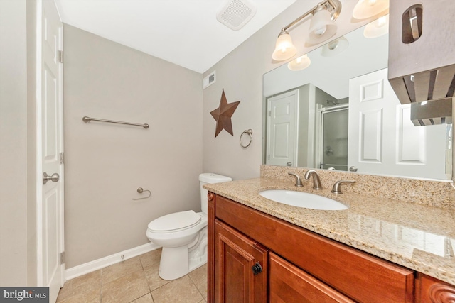 full bathroom with tile patterned flooring, a shower stall, vanity, and visible vents