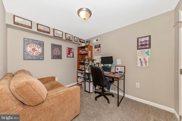 home office featuring visible vents, baseboards, and carpet floors