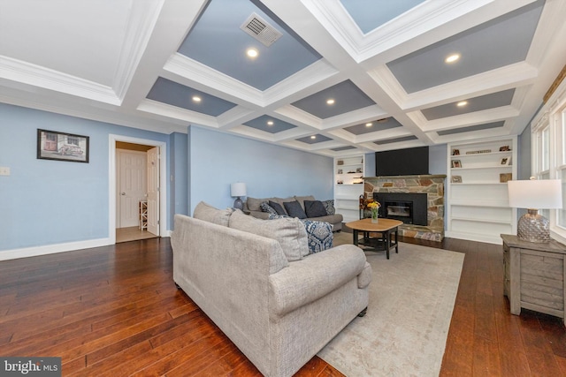 living room featuring beam ceiling, visible vents, dark wood-style flooring, and coffered ceiling