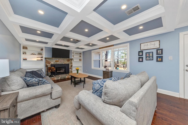 living room with beamed ceiling, baseboards, visible vents, and coffered ceiling