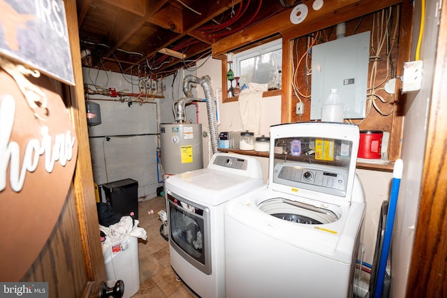 laundry room with electric panel, laundry area, washer and dryer, and water heater