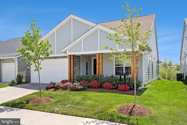 view of front facade featuring covered porch, driveway, a garage, cooling unit, and a front lawn