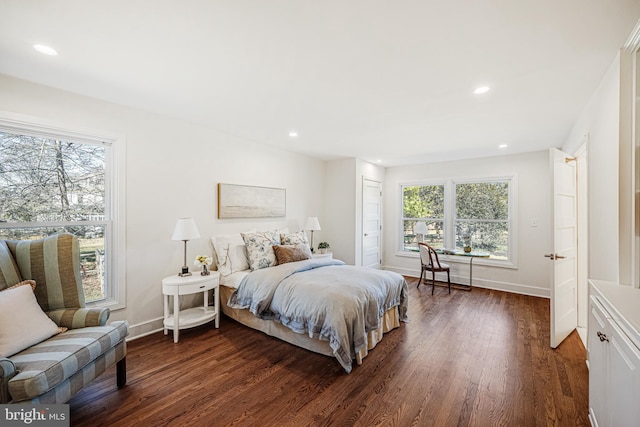 bedroom with baseboards, dark wood-type flooring, and recessed lighting