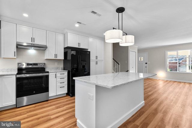 kitchen featuring light wood-style flooring, stainless steel electric stove, white cabinets, under cabinet range hood, and black refrigerator with ice dispenser