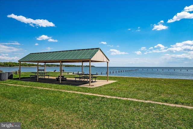 view of property's community featuring a water view and a lawn