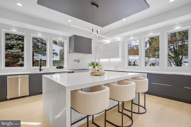 kitchen with dishwasher, light countertops, modern cabinets, and a raised ceiling