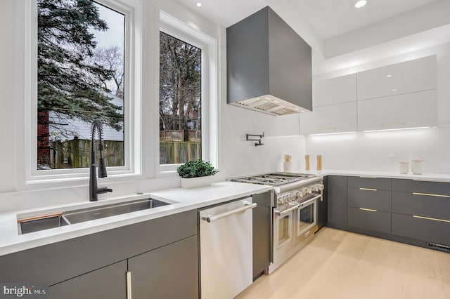 kitchen with modern cabinets, appliances with stainless steel finishes, gray cabinets, wall chimney range hood, and a sink