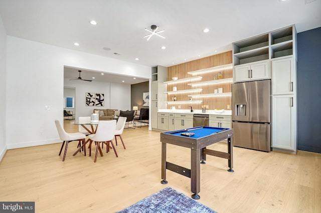 recreation room with ceiling fan, recessed lighting, billiards, baseboards, and light wood-style floors