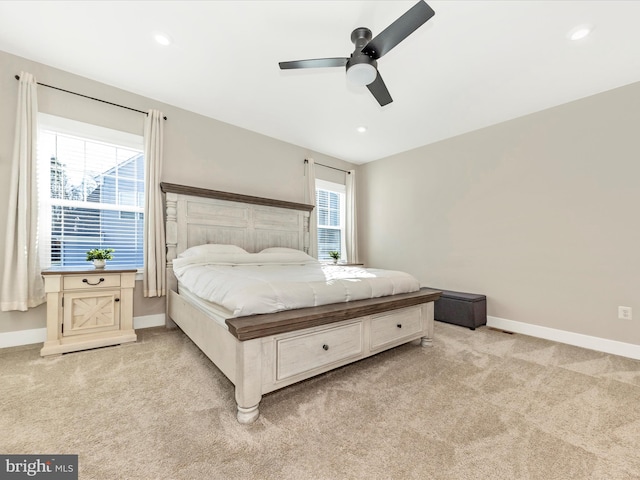 bedroom featuring baseboards, ceiling fan, recessed lighting, and light colored carpet