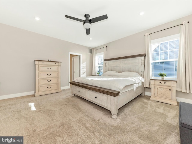 bedroom with ceiling fan, recessed lighting, visible vents, baseboards, and carpet