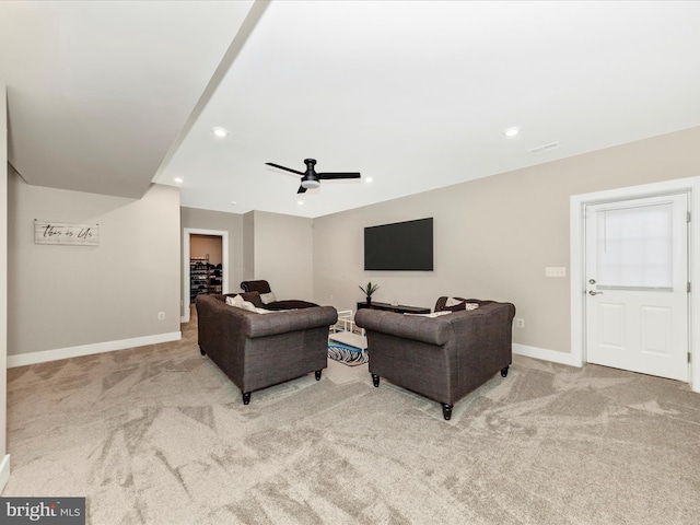 carpeted living area featuring a ceiling fan, recessed lighting, visible vents, and baseboards