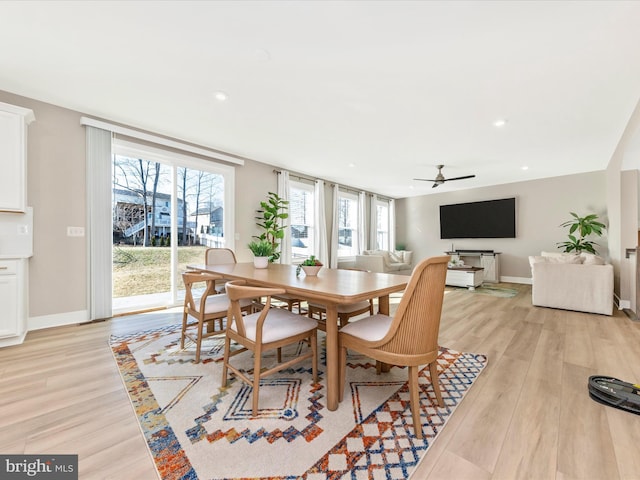 dining room featuring ceiling fan, recessed lighting, light wood-type flooring, and baseboards