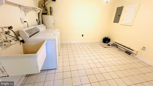 laundry area with washer and clothes dryer, baseboard heating, electric water heater, laundry area, and electric panel