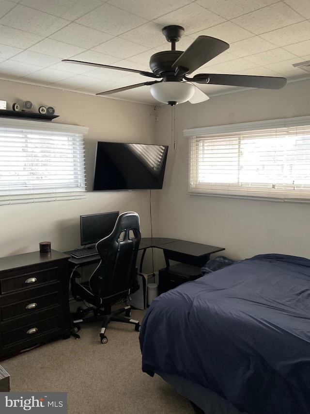 bedroom featuring carpet, visible vents, and ceiling fan