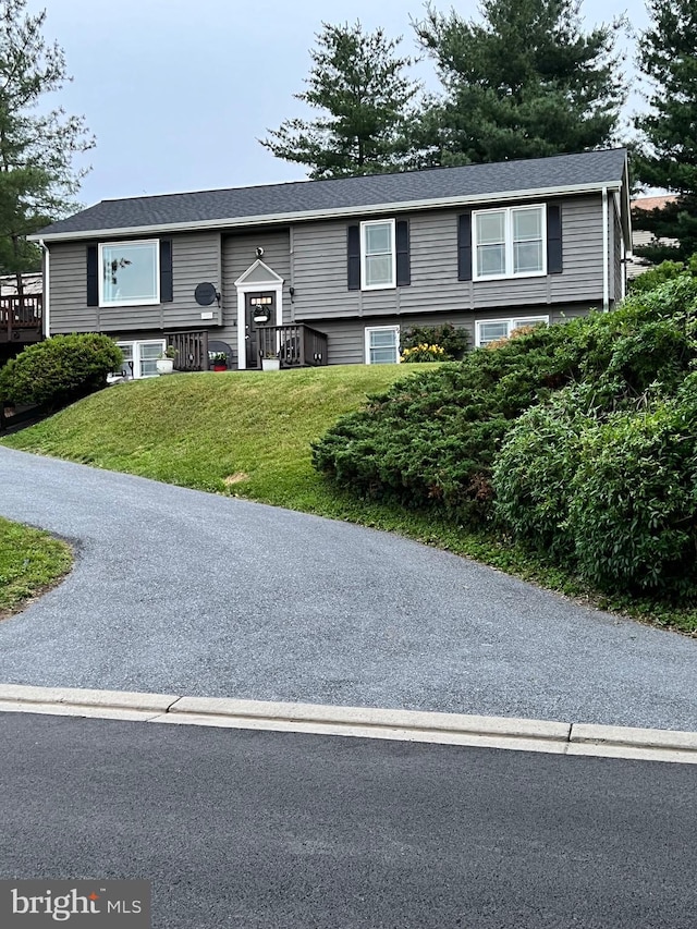 bi-level home featuring a front yard and roof with shingles