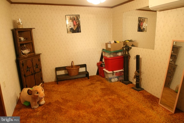 interior space with wallpapered walls, carpet, ornamental molding, and an AC wall unit