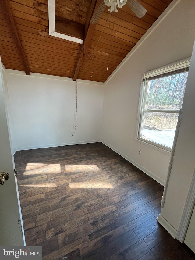 spare room with wood ceiling, baseboards, lofted ceiling with beams, and dark wood-style flooring