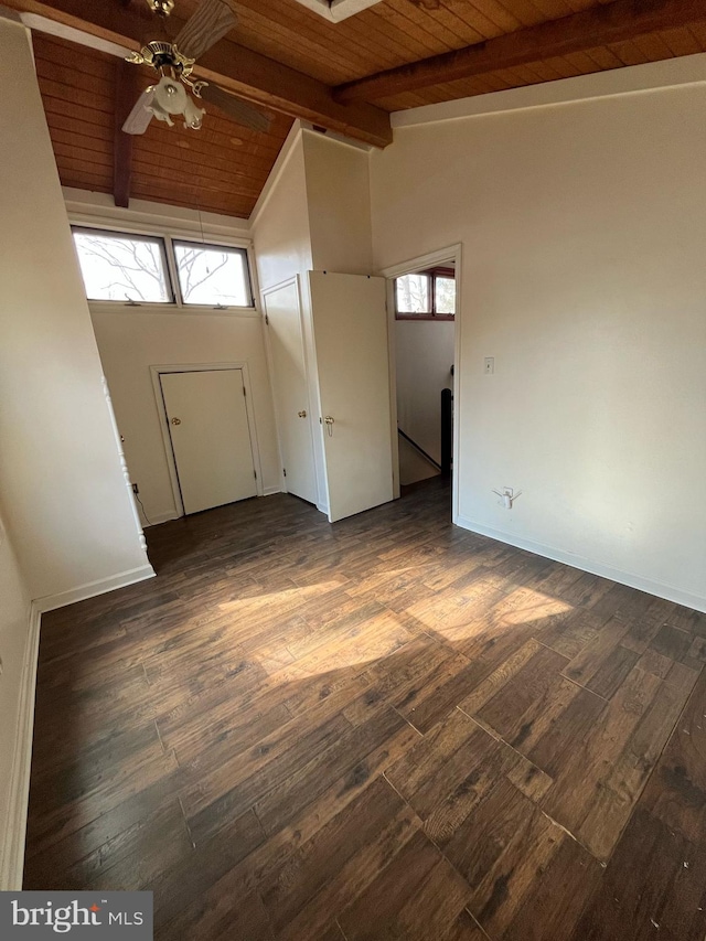 interior space with a ceiling fan, wooden ceiling, dark wood finished floors, and beam ceiling