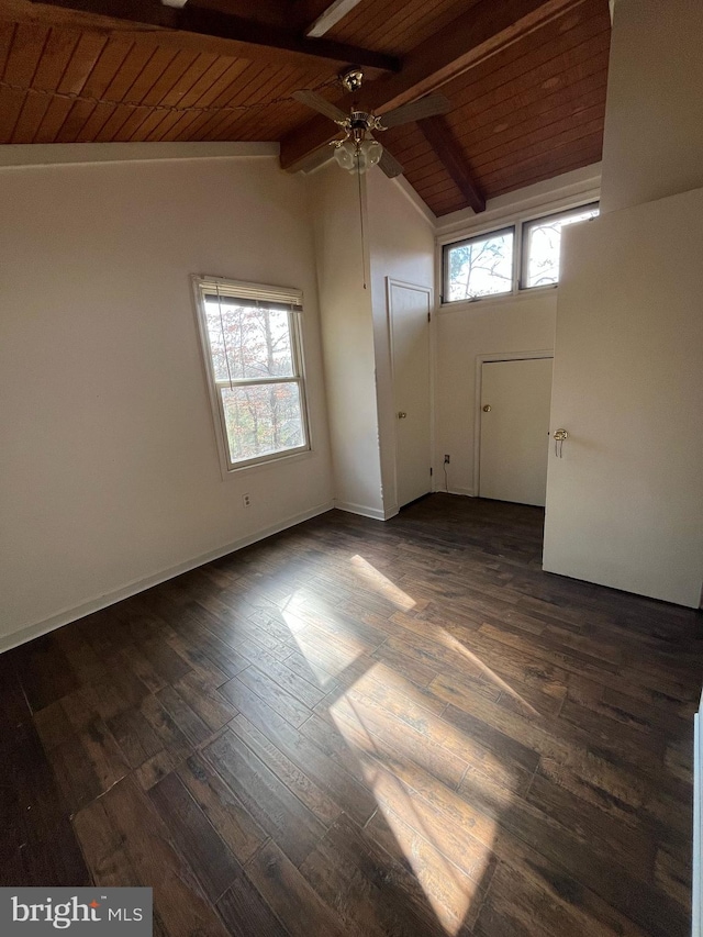 spare room featuring dark wood-type flooring, wood ceiling, and vaulted ceiling with beams