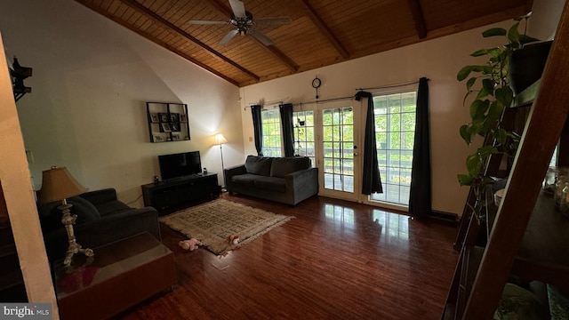 living area featuring beam ceiling, wood ceiling, ceiling fan, wood finished floors, and high vaulted ceiling