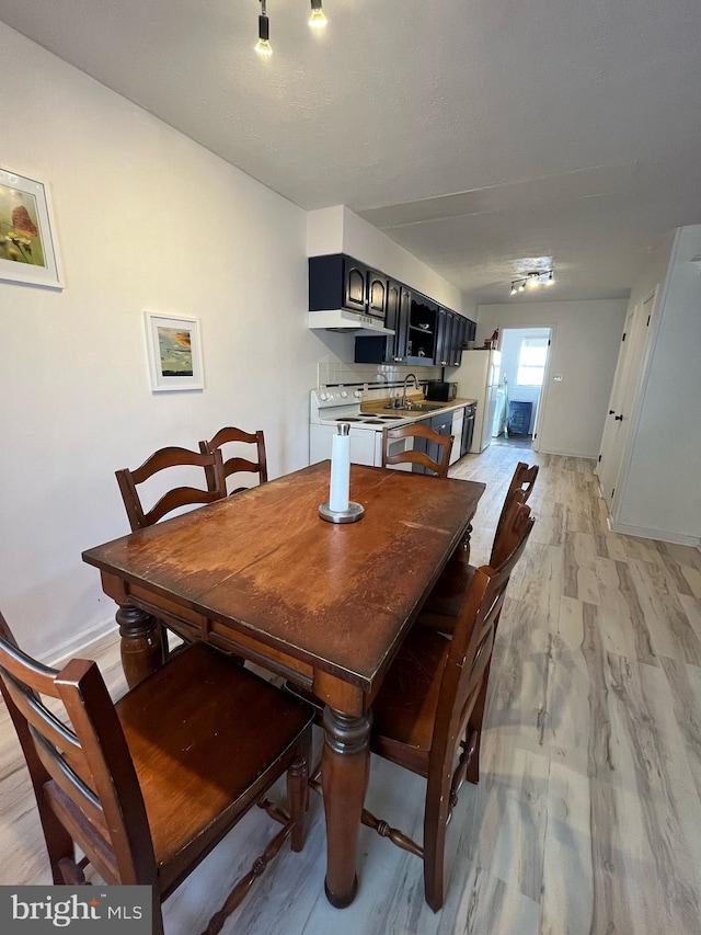 dining space with light wood finished floors and baseboards