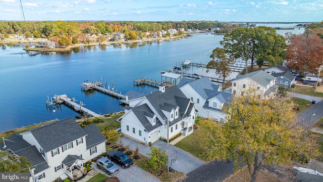 drone / aerial view with a water view