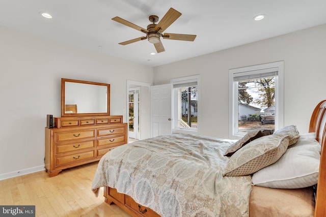 bedroom with a ceiling fan, recessed lighting, baseboards, and light wood finished floors