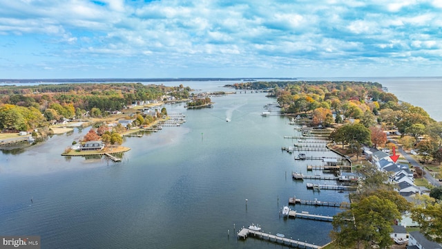 birds eye view of property featuring a water view