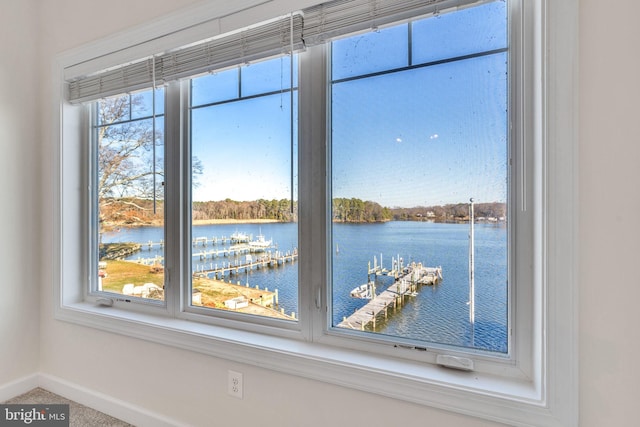 interior details featuring a water view and baseboards