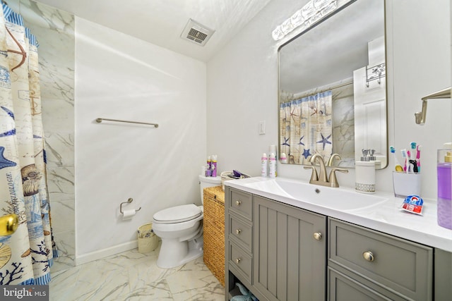 bathroom with baseboards, visible vents, toilet, marble finish floor, and vanity