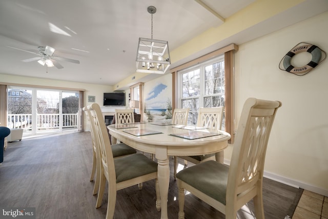 dining room featuring wood finished floors, a ceiling fan, and baseboards