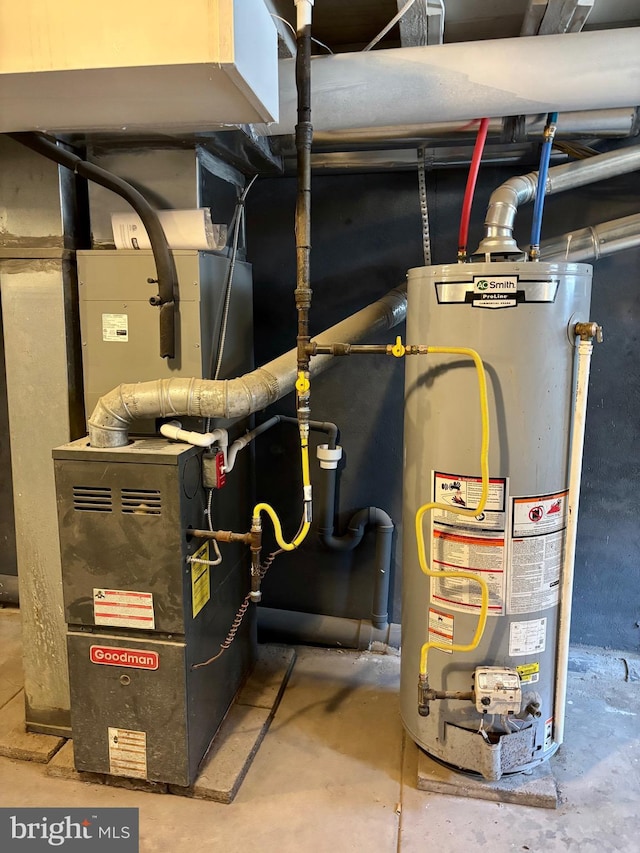 utility room featuring water heater and heating unit