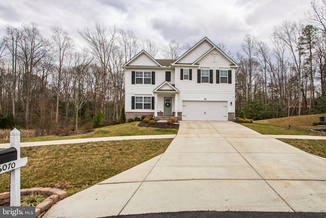 traditional home with concrete driveway, an attached garage, a front lawn, board and batten siding, and brick siding