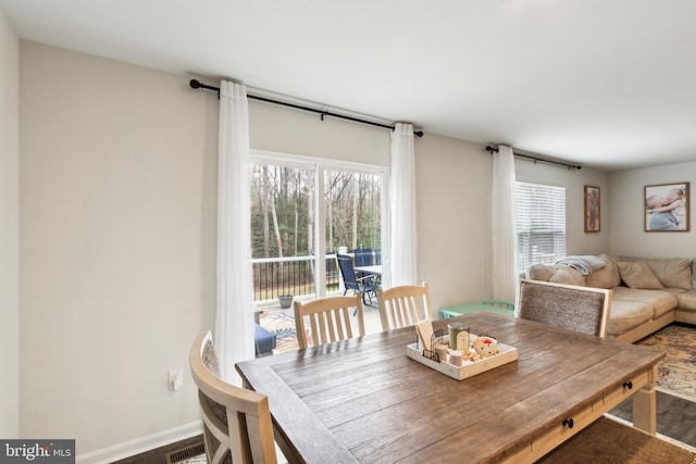 dining area with dark wood-style floors, visible vents, and baseboards