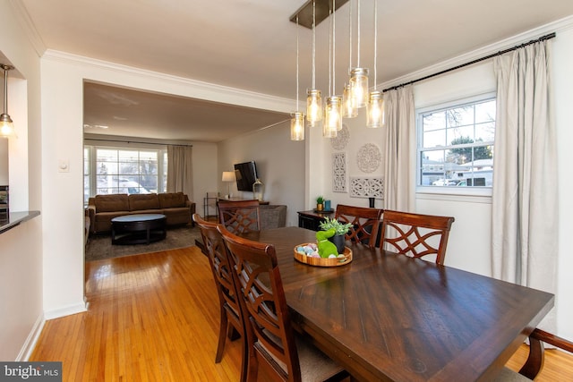 dining room with crown molding, light wood-style flooring, baseboards, and a wealth of natural light