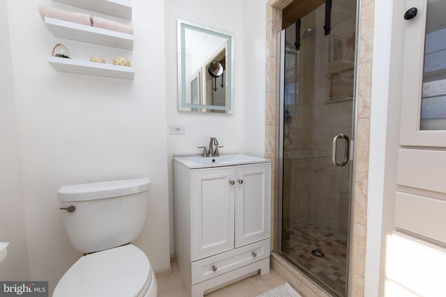 full bath featuring vanity, a shower stall, and toilet