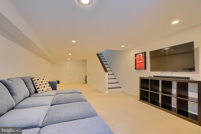 living area featuring recessed lighting, stairway, carpet floors, and baseboards