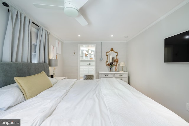 bedroom with ceiling fan, ornamental molding, and recessed lighting