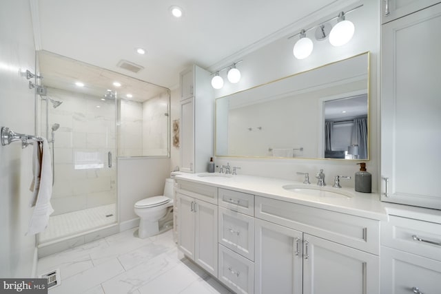 bathroom featuring a sink, visible vents, marble finish floor, and a shower stall