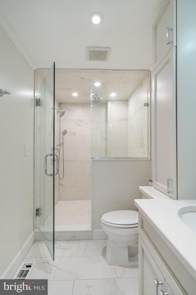 full bath featuring visible vents, a shower stall, toilet, marble finish floor, and vanity