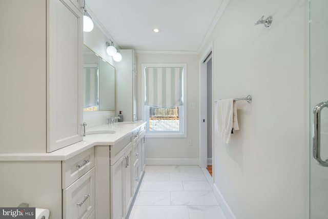 full bath featuring baseboards, double vanity, ornamental molding, marble finish floor, and a sink