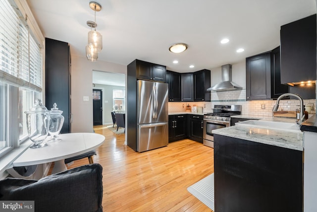 kitchen featuring a sink, backsplash, dark cabinetry, appliances with stainless steel finishes, and wall chimney range hood