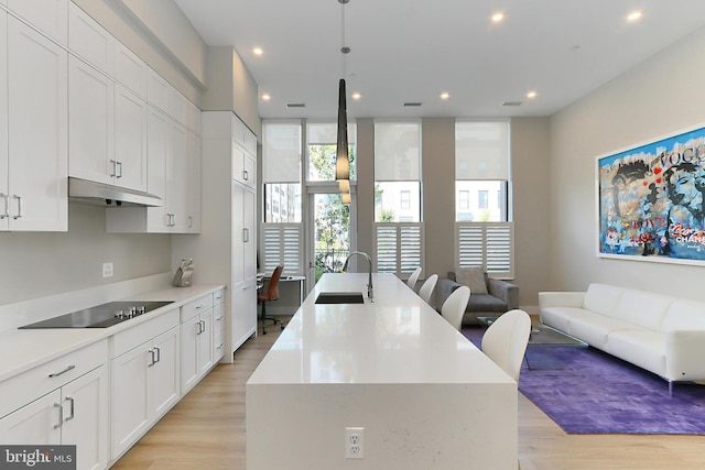 kitchen featuring black electric stovetop, light wood-style floors, open floor plan, a sink, and under cabinet range hood