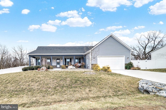 single story home with a porch, concrete driveway, a front yard, fence, and a garage