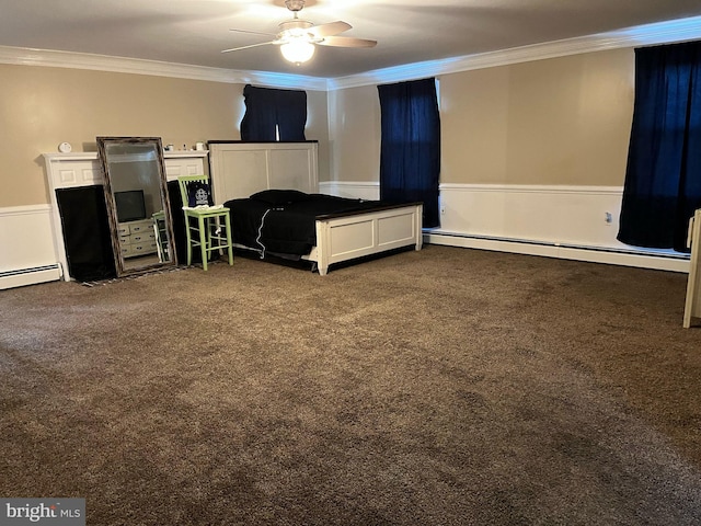 unfurnished bedroom featuring a baseboard heating unit, carpet flooring, crown molding, and ceiling fan