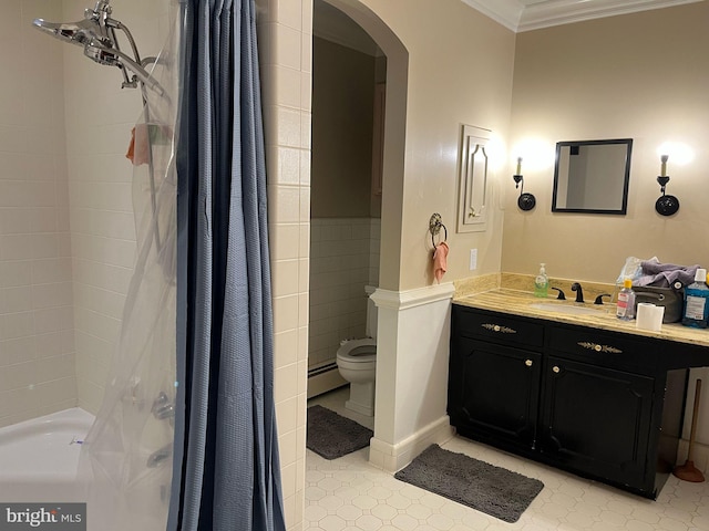 bathroom with crown molding, shower / bathtub combination with curtain, toilet, baseboard heating, and vanity