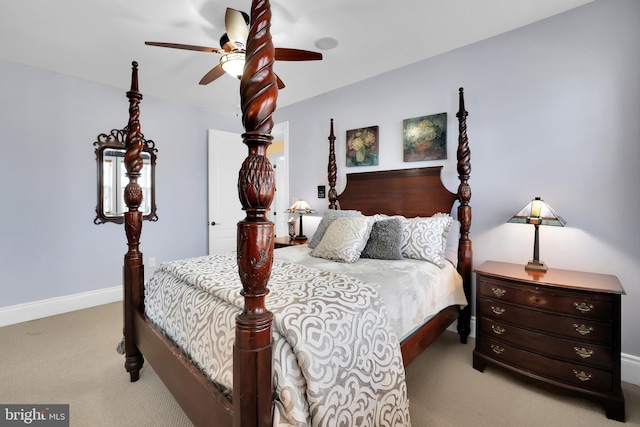 bedroom featuring a ceiling fan, carpet flooring, and baseboards