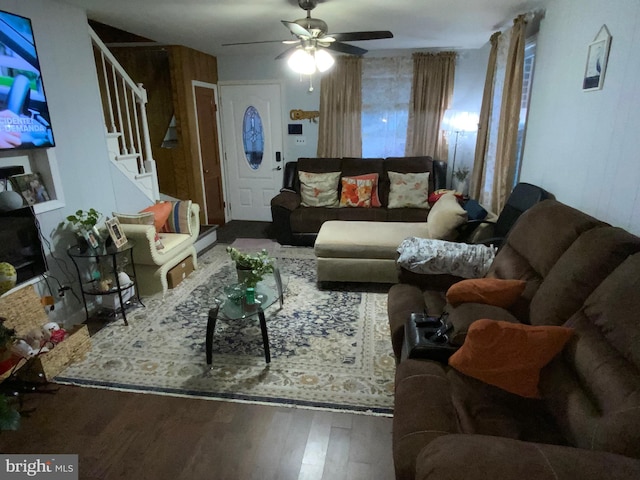 3227 Woodring Ave, Baltimore, MD 21234 - living room with a ceiling fan, stairway, and wood finished floors