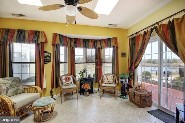 sitting room featuring a skylight, visible vents, and plenty of natural light