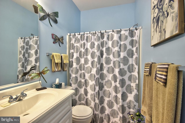 full bathroom with curtained shower, vanity, and toilet